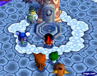 Participating in the coin toss on New Year's Day in Animal Crossing for Nintendo GameCube.