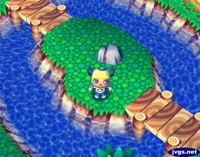 A tiny island with a rock in the Animal Crossing village of Ham Town.