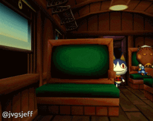 Animated GIF of Rover walking on the train in Animal Crossing.