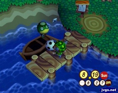 Jeff tries to kick a soccer ball onto Kapp'n's boat.