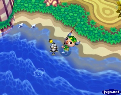 Jeff catches a barred knifejaw in Animal Crossing for Nintendo GameCube.