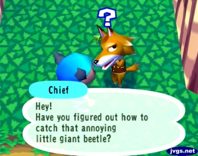 Chief: Hey! Have you figured out how to catch that annoying little giant beetle?