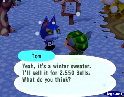 Tom: Yeah, it's a winter sweater. I'll sell it for 2,550 bells. What do you think?