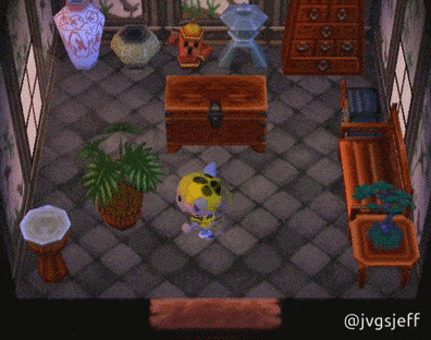 Animated GIF showing Jeff dancing in Chico's house in Animal Crossing.