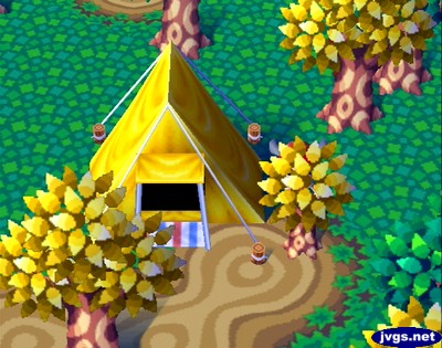 The tent of a summer camper in Animal Crossing for Nintendo GameCube.