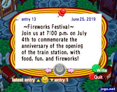 ~Fireworks Festival~ Join us at 7:00 p.m. on July 4th to commemorate the anniversary of the opening of the train station, with food, fun, and fireworks!