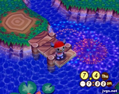 Jeff enjoys the fireworks festival from the pier in Animal Crossing.