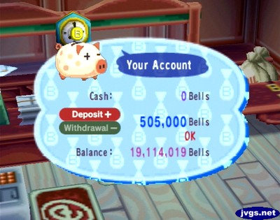 Your Account Balance: 19,114,019 bells.