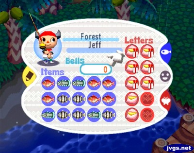 Four coelacanths, five barred knifejaws, and six red snappers fill Jeff's pockets in Animal Crossing.