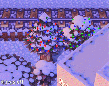 Decorated festive Christmas trees near Nookington's in Animal Crossing for Nintendo GameCube.