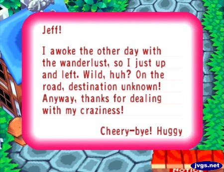 Jeff! I awoke the other day with the wanderlust, so I just up and left. Wild, huh? On the road, destination unknown! Anyway, thanks for dealing with my craziness! Cheery-bye! -Huggy