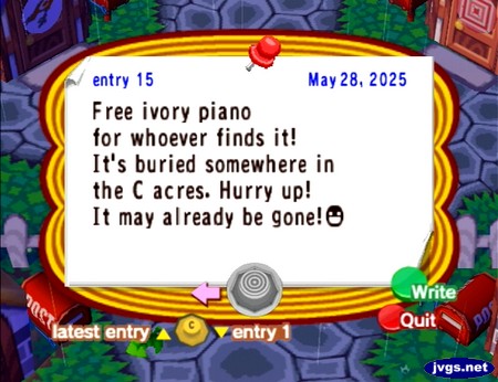 Free ivory piano for whoever finds it! It's buried somewhere in the C acres. Hurry up! It may already be gone!