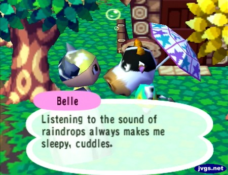 Belle: Listening to the sound of raindrops always makes me sleepy, cuddles.