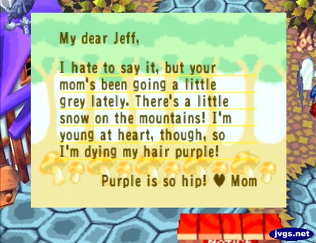 My dear Jeff, I hate to say it, but your mom's been going a little grey lately. There's a little snow on the mountains! I'm young at heart, though, so I'm dying my hair purple! Purple is so hip! -Mom