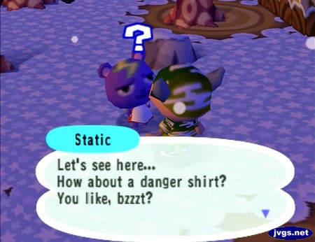 Static: Let's see here... How about a danger shirt? You like, bzzzt?