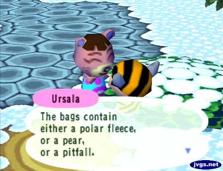 Ursala: The bags contain either a polar fleece, or a pear, or a pitfall.