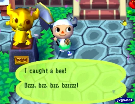 Jeff, standing next to his own statue: I caught a bee! Bzzz, bzz, bzz, bzzzzz!