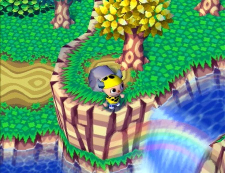 A rainbow appears in the waterfall in Animal Crossing for Nintendo GameCube.