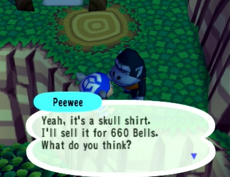 Peewee: Yeah, it's a skull shirt. I'll sell it for 660 bells. What do you think?