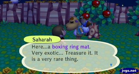 Saharah: Here...a boxing ring mat. Very exotic... Treasure it. It is a very rare thing.