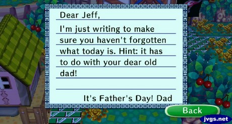 Jeff, I'm just writing to make sure you haven't forgotten what today is. Hint: It has to do with your dear old dad! -Dad