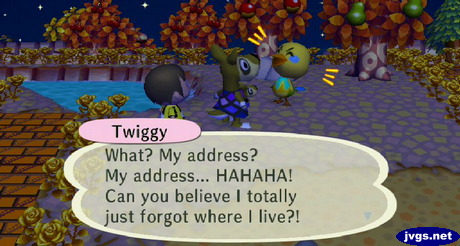 Twiggy: What? My address? My address... HAHAHA! Can you believe I totally just forgot where I live?!