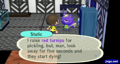 Static: I raise red turnips for pickling, but, man, look away for five seconds and they start dying!