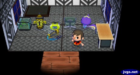 Static uses a sprinkler to wash off his dirty gyroid.