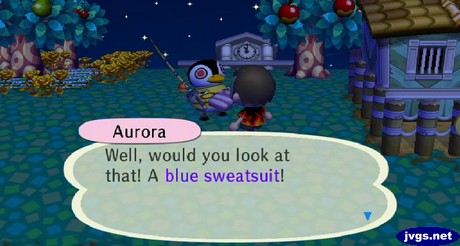 A red-eyed Aurora is surprised by the blue sweatsuit that Savannah sent her.