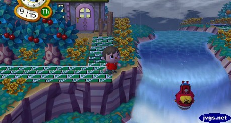 Pascal swims over the waterfall.