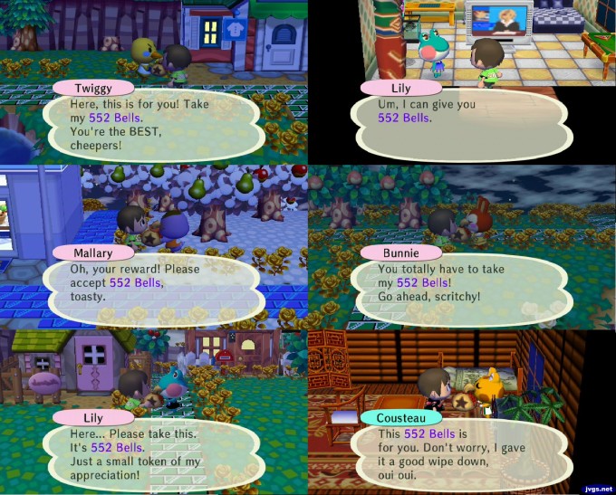 Six ACCF screenshots showing Twiggy, Lily, Mallary, Bunnie, and Cousteau rewarding me with exactly 552 bells.