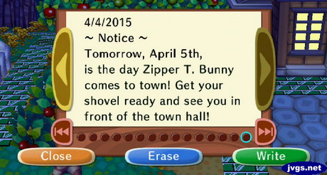 ~ Notice ~ Tomorrow, April 5th, is the day Zipper T. Bunny comes to town! Get your shovel ready and see you in front of the town hall!
