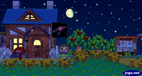 Pink cherry blossom petals fall from the night sky in Animal Crossing: City Folk.