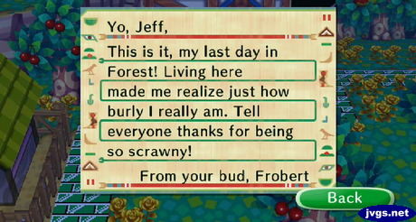Frobert's goodbye letter in Animal Crossing: City Folk on Wii.