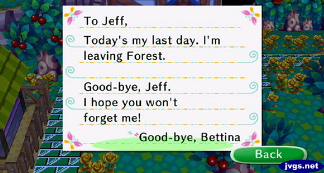 Bettina's goodbye letter in Animal Crossing: City Folk for Wii.