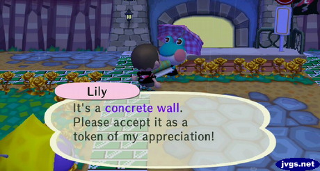 Lily: It's a concrete wall. Please accept it as a token of my appreciation!