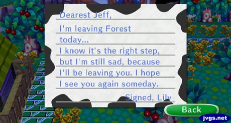 Lily's goodbye letter in Animal Crossing: City Folk.