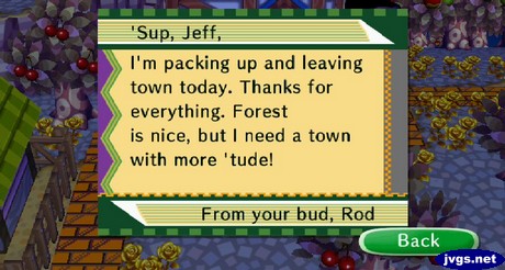 Rod's goodbye letter in Animal Crossing: City Folk.