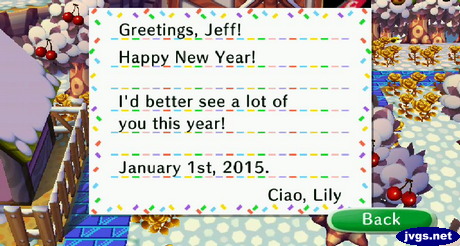 Greetings, Jeff! Happy New Year! I'd better see a lot of you this year! January 1st, 2015. Ciao, Lily