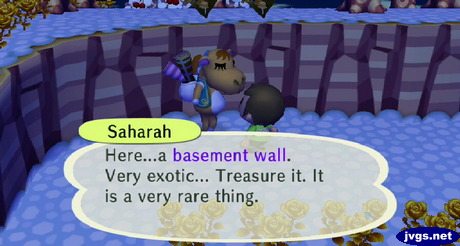Saharah: Here...a basement wall. Very exotic... Treasure it. It is a very rare thing.