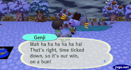 Genji: Wah ha ha ha ha ha ha! That's right, time ticked down, so it's our win, on a bun!