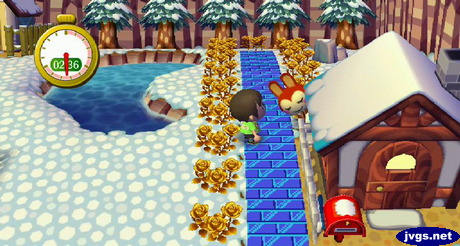 Bunnie leans out from behind Guest's house.