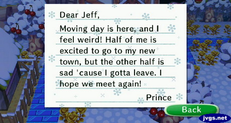 Prince's goodbye letter in Animal Crossing: City Folk.