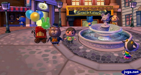 A nice evening in the city, with Phineas handing out balloons near the fountain.