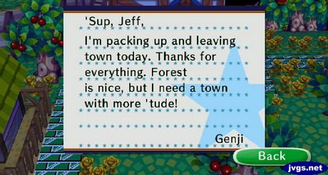 Genji's goodbye letter in Animal Crossing: City Folk.