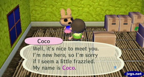 Coco: Well, it's nice to meet you. I'm new here, so I'm sorry if I seem a little frazzled. My name is Coco.