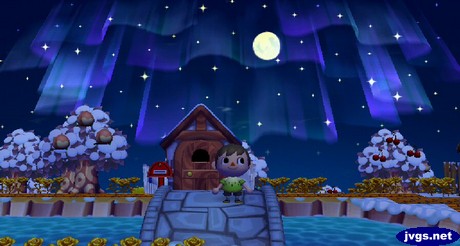 The northern lights in the sky above Forest in Animal Crossing: City Folk.
