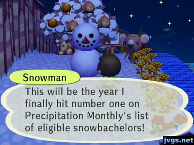 Snowman: This will be the year I finally hit number one on Precipitation Monthly's list of eligible snowbachelors!