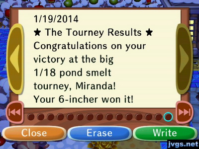 *The Tourney Results* Congratulations on your victory at the big 1/18 pond smelt tourney, Miranda! Your 6-incher won it!