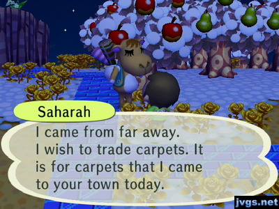 Saharah: I came from far away. I wish to trade carpets. It is for carpets that I came to your town today.